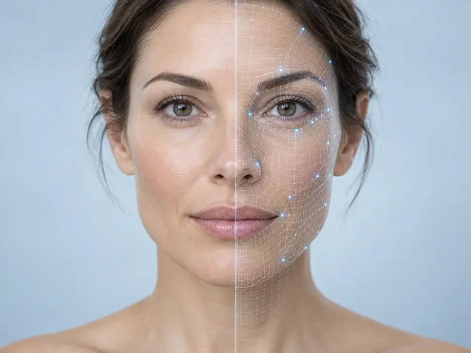Facial photo with subtle analysis overlay