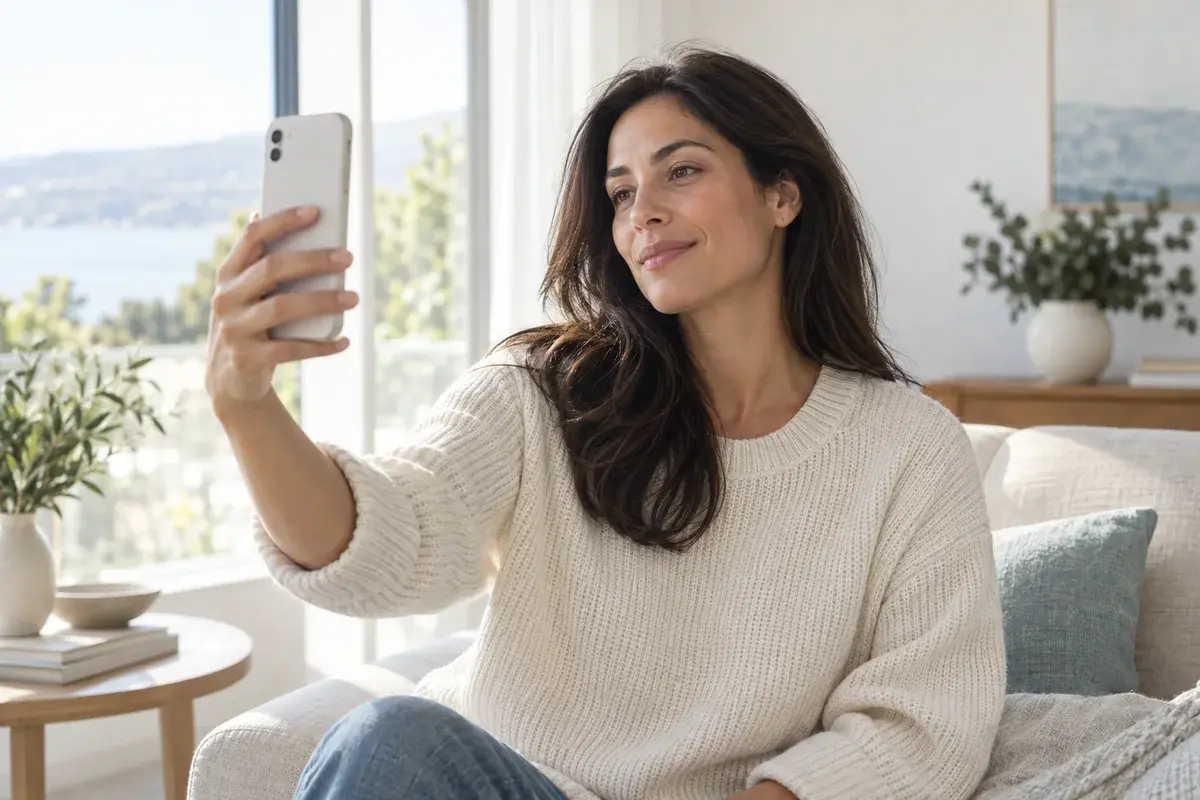 Illustrative scene of a woman taking a facial photo with her phone in natural light