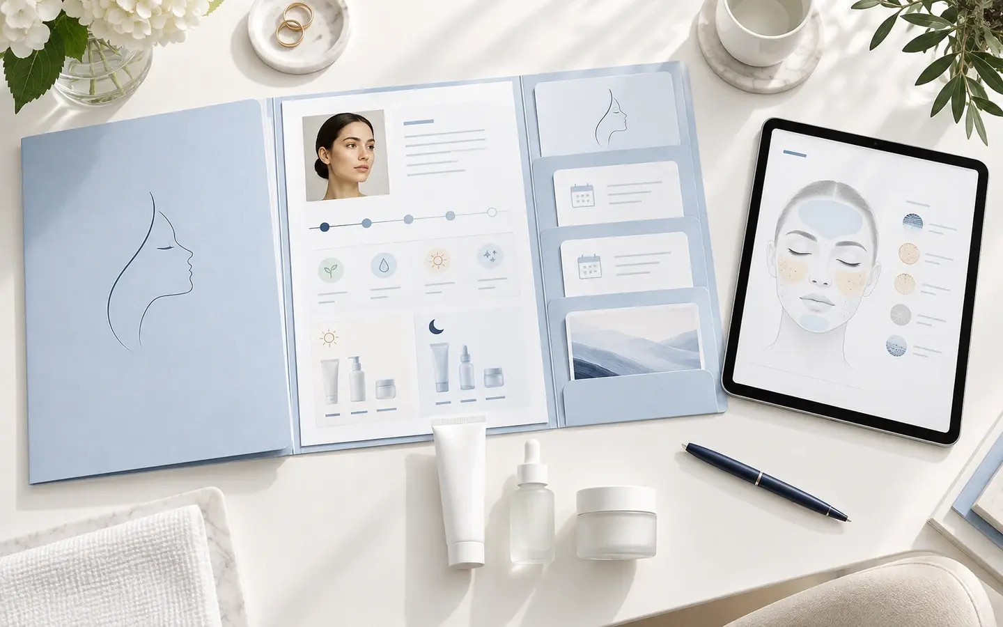 Organized personal plan with facial analysis, sequence, appointments and skincare routine