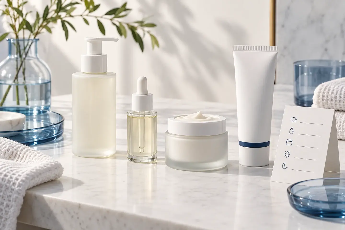 Unbranded skincare products arranged for a personal morning and evening routine
