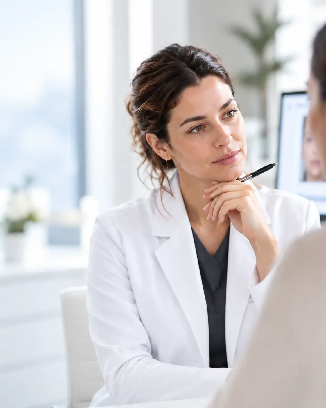 A practitioner listening closely to a patient during a consultation