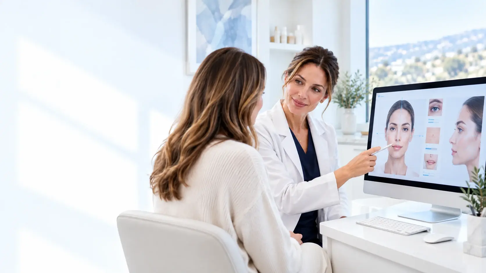 A practitioner and patient discussing a facial assessment together