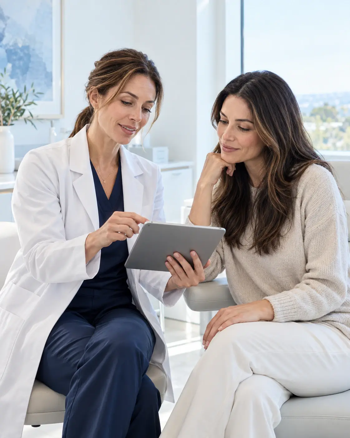 Practitioner and patient reviewing a facial analysis together on a tablet