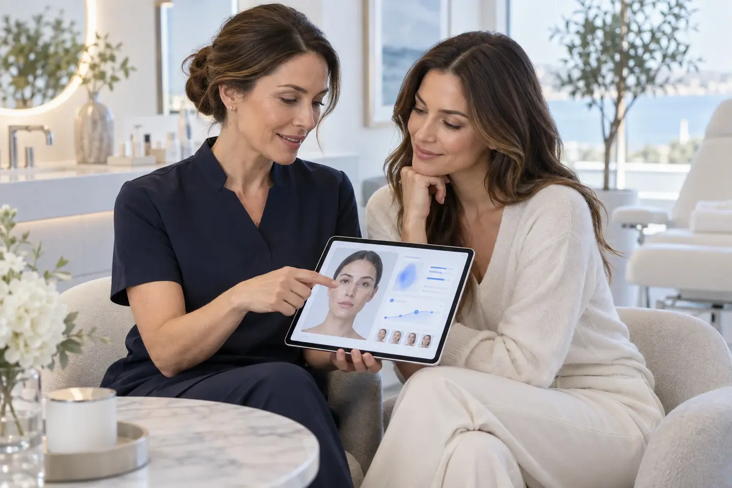 Practitioner and patient reviewing a visual facial analysis together on a tablet