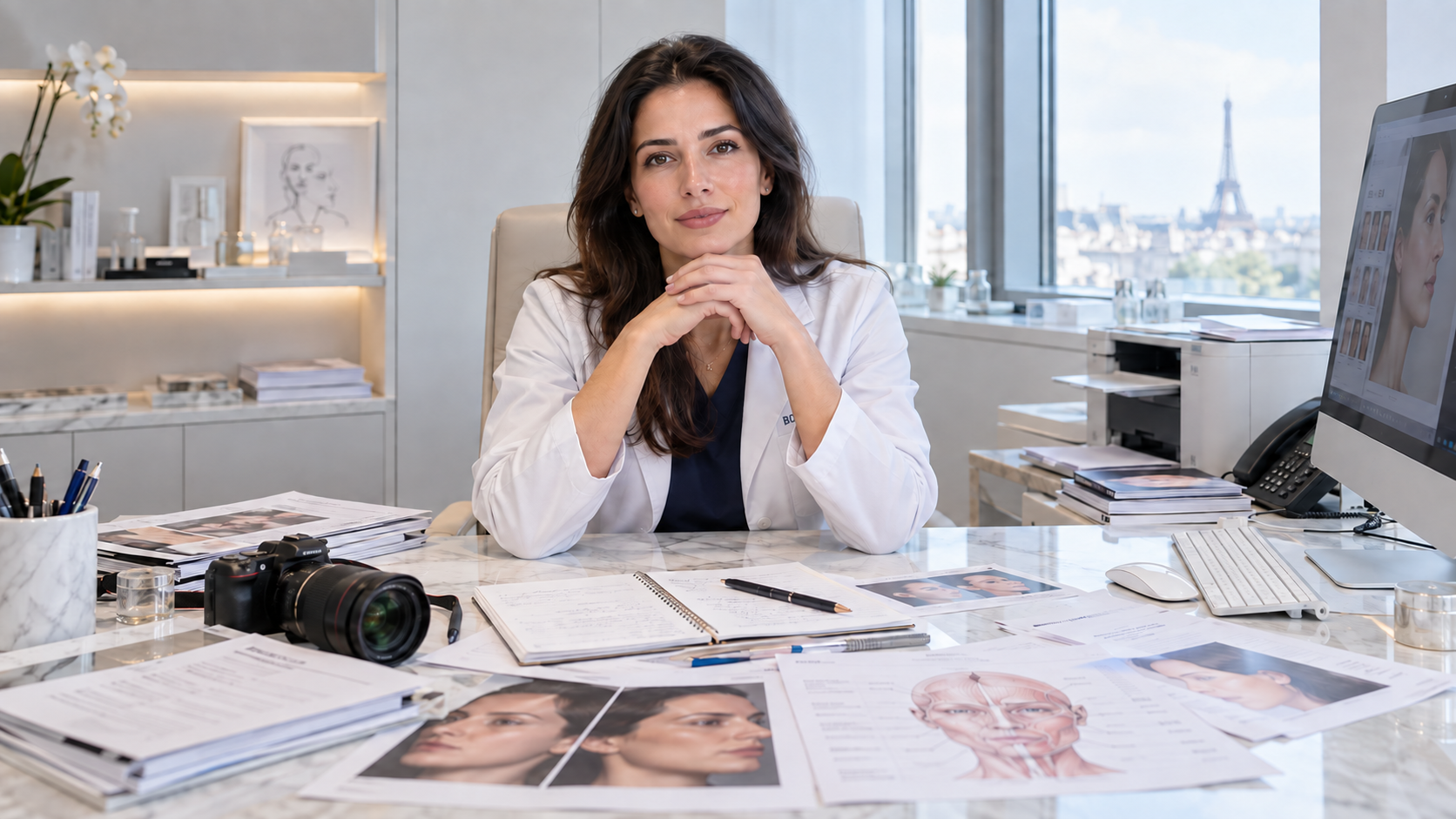 A doctor seated behind a consultation desk covered with documents, images, and working tools