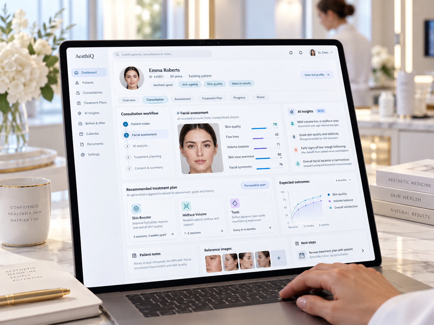 A clinical workflow dashboard displayed on a laptop in an aesthetic practice