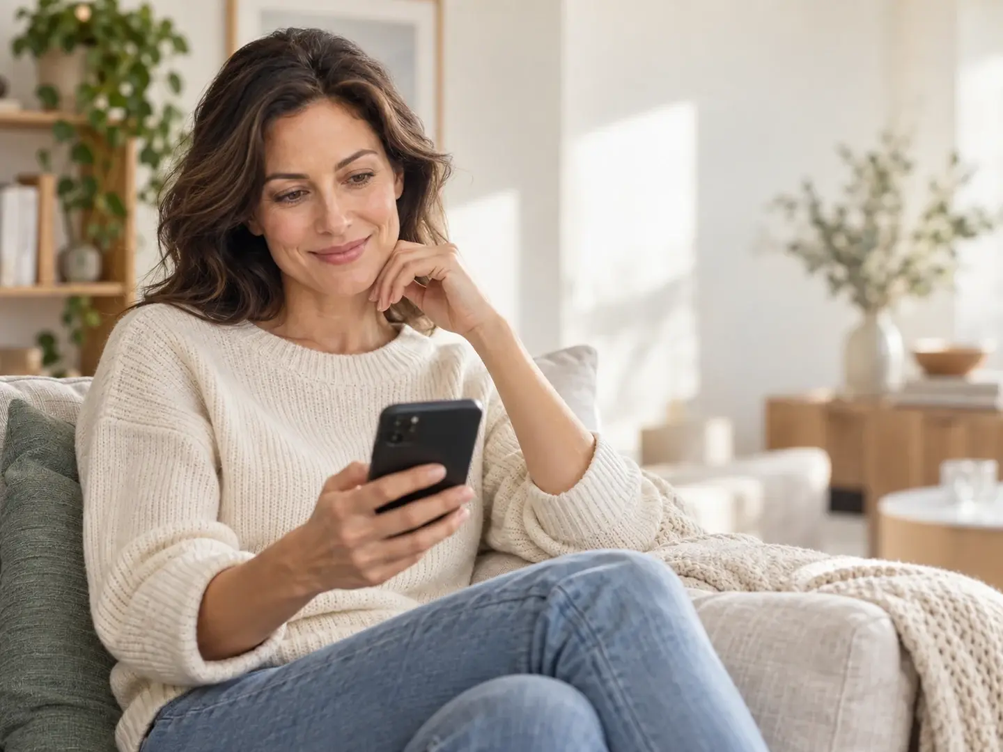 Woman relaxing at home while looking thoughtfully at her phone