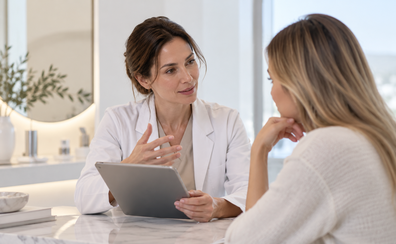 A practitioner and patient in a calm clinical conversation