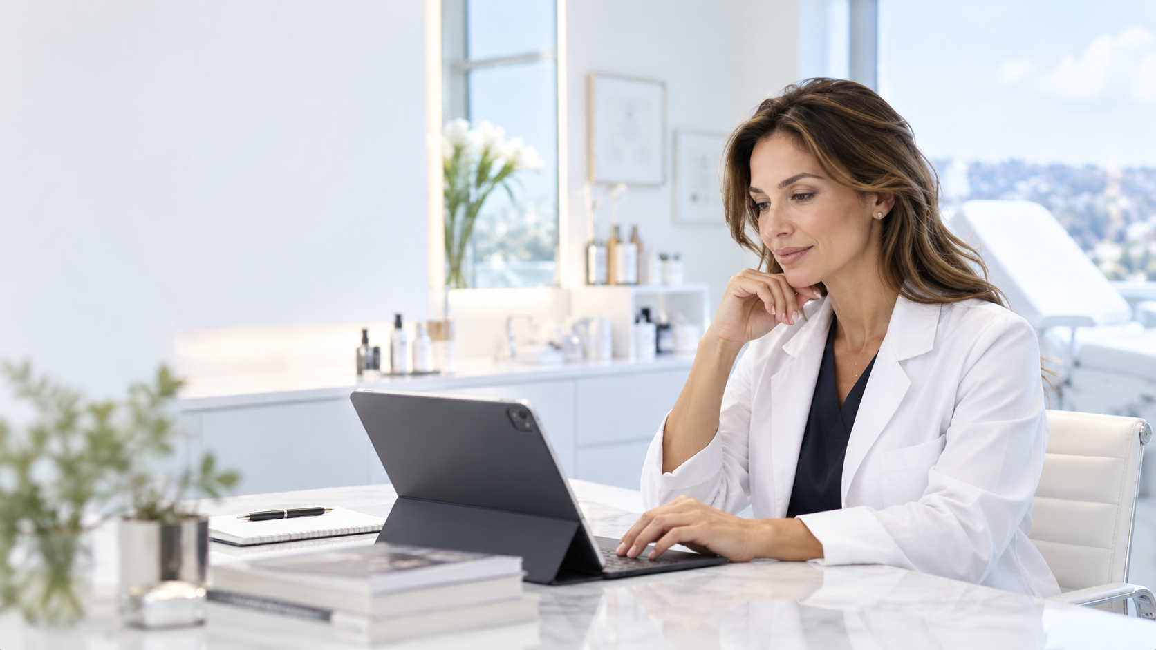 An aesthetic practitioner and patient discussing a consultation together